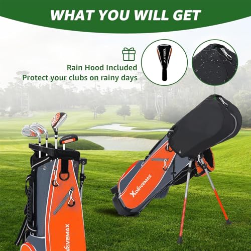 XDriveMax 5 Pieces Kids Golf Club Set, Junior Golf Club Set Ages 5-8 Includes Stand Bag, 5# Hybrid, 6/7#, 9/P# Irons and Putter Right Hand for Boys Girls,Pink