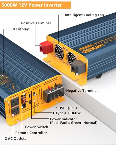 MWXNE 3000W Pure Sine Wave Power Inverter DC 12V to 110V 120V with Fast Charging Type-C& 3 USB Ports LCD Display Remote Controller Power Inverters for Vehicles,RV,Truck,Home,Off-Grid Solar System