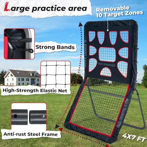 Heavy-Duty Lacrosse Rebounder for Backyard 4x7 ft Volleyball Rebounder Net Bounce Back with Adjustable Angles for Lacrosse Volleyball Baseball Soccer Includes Removable Target Net (Red)