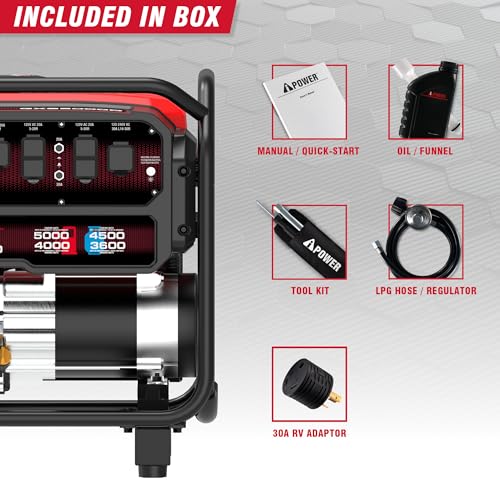 A-iPower 5000-Watt Portable Generator Gas & Propane, CO Sensor Shutdown, Heavy Duty Generators with 223cc OHV Engine For Jobsite, RV, Home Backup, Emergency (GXS5000D)