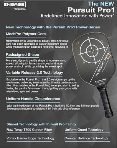 Engage Pursuit Pro1 Pickleball Paddle - Raw Carbon Fiber for Extreme Spin - MachPro Core for Maximum Power & Control, Standard Weight (8.0-8.3 Ounce)