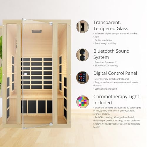 JNH Lifestyles Ensi+ 2-Person Home Infrared Sauna with Color & Red Light Therapy, Ultra-Low EMF - Indoor Personal Luxury Spa for House and Gym