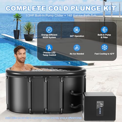 Ice Bath Chiller & Cold Plunge Tub Kit, 1/3HP Cold Plunge Chiller with Built-in Pump & Filter, 148Gal Insulated Ice Bath Tub for Cold Therapy, Recovery, Muscle Relaxation & Wellness at Home