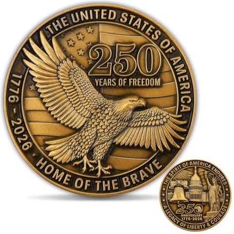 USA 250th Anniversary Challenge Coin – Gold Color Bald Eagle & Liberty Design, 1776–2026 250 Years of Freedom Collectible Coin, Heavyweight Zinc Alloy with Clear Acrylic Case, 1 Pack