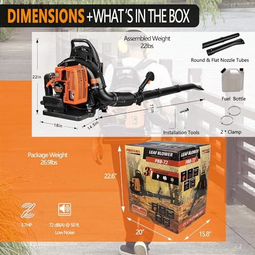 PROYAMA 72CC Gas Backpack Leaf Blower, 2-Cycle 880CFM 275MPH Gas Powered Engine, 2 in 1 Nozzle Low Vibration and Ergonomic Design with Cruise Control for Outdoor GardenYard Cleaning and Snow Removal