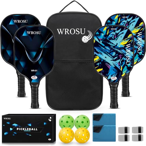 WROSU Pickleball Paddles Set of 4 Carbon Fiber | 2024 USAPA Approved Equipment W/Accessories | Core Carbon Fiber Pickleball Racquet | Have Traction and Stability | for Friends
