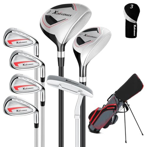 XDriveMax 8-Piece Left/Right Hand Complete Golf Club Set for Men & Women: Wood, Hybrid, Irons, Putter & Bag - Beginner Friendly, High Distance & Accuracy,Right,Red