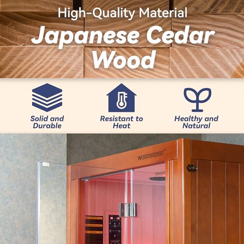 Woodbridge Infrared Home Sauna Room 2 Person Japanese Cedar Indoor Sauna with 7 Carbon Heaters, Red Light Therapy, Bluetooth Speaker, Intelligent Control Panel, Tempered Glass & Top Vent