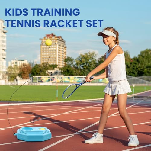 Kids Tennis Rackets Training Set - 7-in-1 Youth Tennis Racket Set, 2 pcs 19″ Rackets,1Tennis Trainer & 2Rebound Balls&1tennis Ball,Tennis Racquet Set for Beginners & Family Activities (Blue)