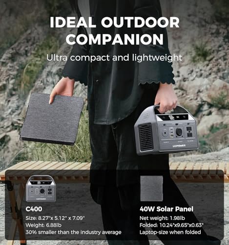 UDPOWER C400 Portable Power Station with 40W Solar Panel,256Wh LiFePO4 Battery Backup,400W AC Output (800W Surge),Solar Generator for Camping,RV,Emergency Power