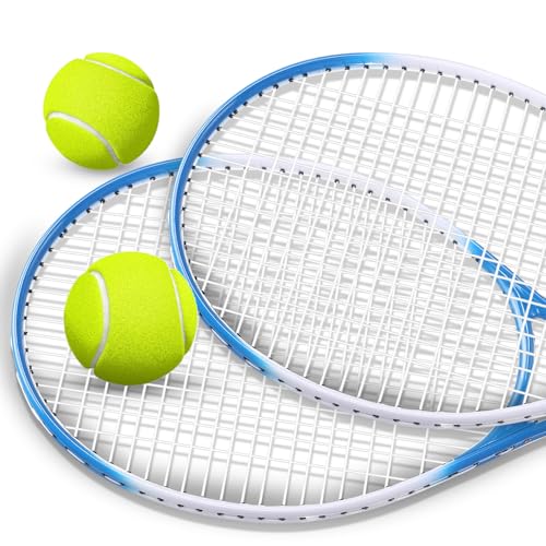 VercanMonth 4 Pack Tennis Rackets for Adults Recreational 4 Players Pre Strung 27 Inch Tennis Racquets Lightweight Rackets Bulk with Balls Overgrips for Training(Blue)