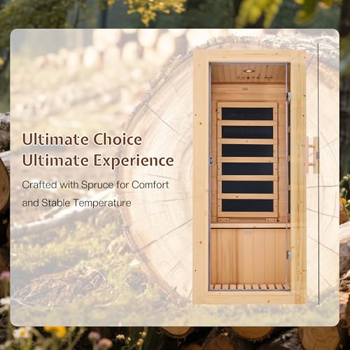 Jocisland 1 Person Infrared Sauna–Low EMF 110V Red Light, Pre-Warms to 149℉ in 20 Minutes,106lbs Lightweight Spruce Wood Infrared saunas,Compact Dry Sauna for Home Spa & Apartments