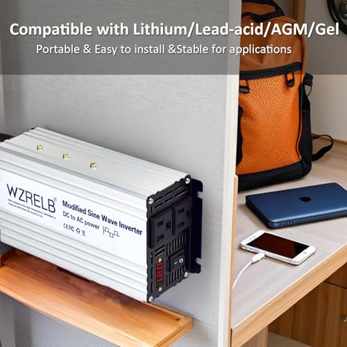 WZRELB 1000W Power Inverter 12V DC to 110V 120V AC,2000W Peak Modified Sine Wave Car Inverter with LED Display,Dual AC Outlets,Soft Starter,Off-Grid Power Converter with High Efficiency up to 90%