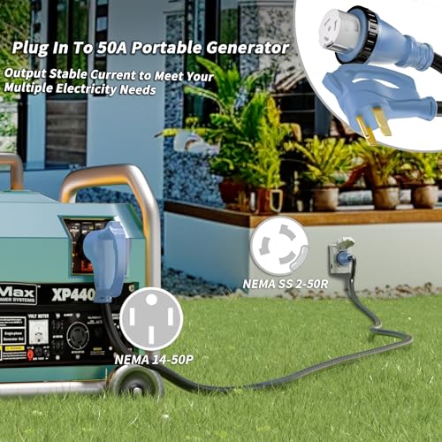 PlugSaf 50 Amp Generator Cord, 15FT 50 Amp RV Extension Cord with Twist Lock, Generator Cable 50A 4 Prong Blue, NEMA 14-50P/SS2-50R Heavy Duty STW Wire for RV Camper & House