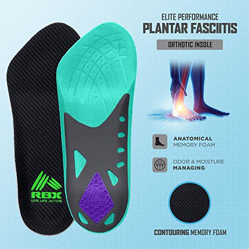 RBX Plantar Fasciitis Ortho Insoles, 3/4 Size for Women (Mint)