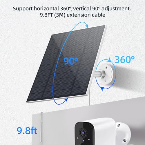 5W Solar Panels for Security Camera, Solar Panel with Micro USB & USB-C Port for DC 5V Outdoor Rechargeable Battery Camera, IP65 Waterproof, 360° Adjustable Security Mount, 9.8ft Cable（1PC）