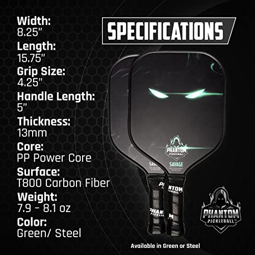 Phantom Pickleball Paddle Savage 13mm - Carbon Fiber - USA Pickleball Approved - Max Grit and Spin Elongated Body Pickle Ball Paddle - Lightweight Pickleball Racket with Polypropylene Core