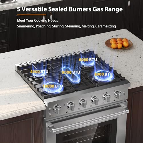 Empava Gas Range,True Convection Oven 4.55 Cu. Ft, 5 Deep Recessed Burners Cooktop, Heavy Duty Continuous Grates in Stainless Steel with Storage Drawer, Freestanding & Slide-In,30 Inch