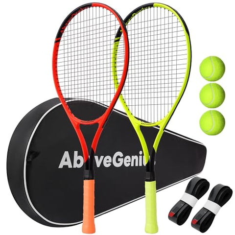 AboveGenius Neon Yellow & Orange Tennis Rackets 2 Pack for Adults - 27" Lightweight Aluminum Tennis Racquet Set with 3 Balls & Bag - Vibrant High-Visibility Matte Finish for Men Women Beginners