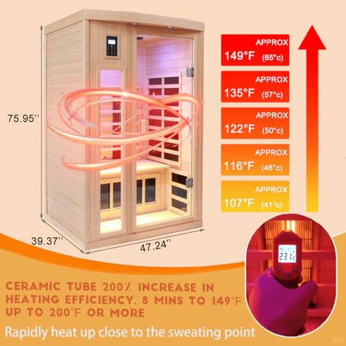 KUNSANA Ceramic Infrared Sauna, 2 Person Infrared Saunas for Home, Hemlock Wood Sauna Room, 2 in 1 Indoor Sauna with Low EMF Heaters + Ceramic Heating Cubes-Chromotherapy-Bluetooth Speaker