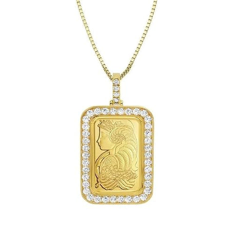 Diamond Pamp 24K Yellow Gold Suisse Bar 1oz-gram Lady Fortuna with 14k yellow gold frame, Diamond Gold Bar Style name 1 Oz Size 22 Inches