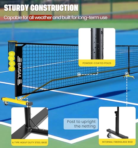BAGAIL Portable Pickleball Net Set with Wheels, 22 FT Regulation Size & 11 FT Half Court Size 2-in-1 Pickle Ball Net with Ball Collector, Carry Bag, Easy Setup for Outdoor Indoor Driveway - Yellow