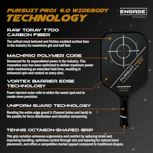 Engage Pursuit Pro1 6.0 Widebody Carbon Pickleball Paddle - 8.0 oz, 15.2mm MachPro Core, 8 1/8” Wide Raw Carbon Fiber, Made in USA (Arctic-Gold, Widebody)