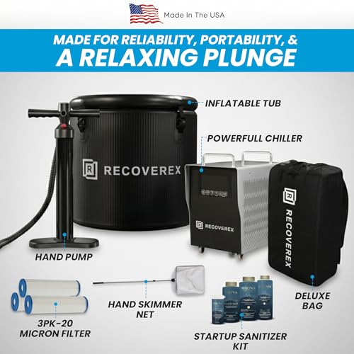 Recoverex Cold Plunge Tub, 88 Gallon, 0.8 Horsepower – Heavy-Duty Ice Bath Tub for Athletes, Portable Cold Plunge Chiller with Water Treatment Kit, Immersion Therapy, WiFi Control, Backpack & Wheels