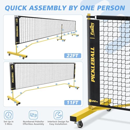 Fostoy Portable Pickleball Net with Wheels, Pickleball Set with 4 Fiberglass Paddles & 6 Pickleballs, Carry Bag, for Backyards Driveways and Garages (22ft & 11ft Net with 4 Fiberglass Paddles)