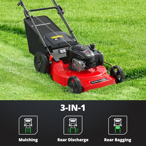PowerSmart 22-Inch Gas Lawn Mower Self-Propelled, 150cc B&S Engine, 3-in-1 Mulching System, 6 Cutting Heights, Rear-Wheel Drive, Durable Steel Deck