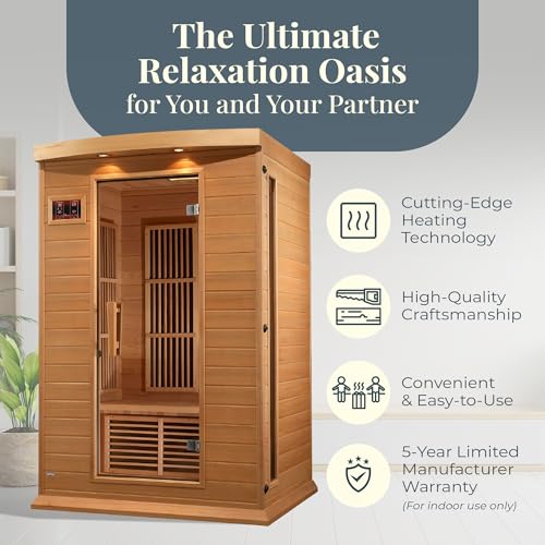 Dynamic Saunas 2-Person Low EMF FAR Infrared Sauna with Chromotherapy Lighting and Speakers, Maxxus Toulouse - Personal Indoor Dry Heat Sauna for Home & Gym – Made from Canadian Hemlock