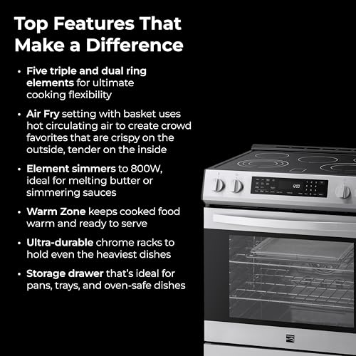 Kenmore 5.6 cu. ft. Front Control Electric Range Oven with 5 Elements - True Convection, Air Fry, Self Clean Oven, Temperature Probe, Ultra Durable Chrome Racks, Large Window - Stainless Steel