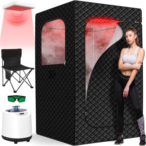 Infrared Sauna Box for Home, Portable Steam Saunas Indoor with 660nm Red Light Therapy Lamp, 3L Steamer, Folding Chair, Large Personal Full Body Sauna Spa Tent, 15 Levels