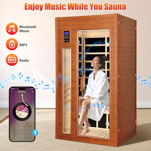 X-Vcak 1-2 Person Infrared Sauna, Dry Heat Sauna with Red Light Therapy, Bluetooth, Radio, 7-Color Therapy Light for Home, Indoor, Gym, Wellness Center, 36″ x 36″ x 73″