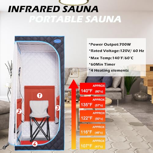 Wizzisauna Portable Infrared Sauna for Home Spa | Full Size 1 Person Sauna | Full Size Far Infrared Sauna Tent | with Heating Foot Pad, Portable Chair, (L29.1 x W29.1 x H66.5, Black)