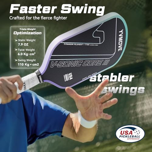 Pickleball Paddles for Advanced Players | Control & Power | Ti-Carbon Hybrid Face | V-Sonic III Kinetic Core 16MM | Large Sweet Spot | Mid-Weight | Extended Grip | USAPA (Purple)