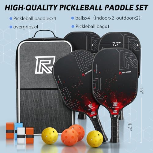 Ritzmed USAPA Approved Pickleball Paddles Set of 4 - T-300 Carbon Fiber Surface for Spin & Control - Lightweight Honeycomb Core Reduces Noise - Portable Set with Bag for Family