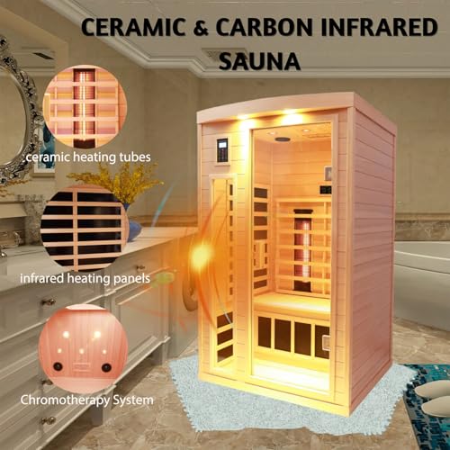 KUNSANA Ceramic Infrared Sauna, 2 Person Infrared Saunas for Home, Hemlock Wood Sauna Room, 2 in 1 Indoor Sauna with Low EMF Heaters + Ceramic Heating Cubes-Chromotherapy-Bluetooth Speaker