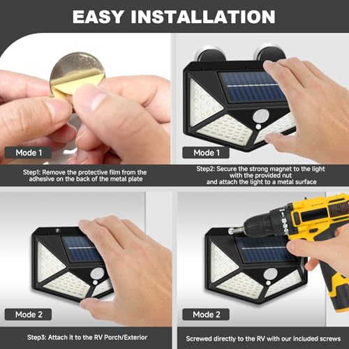 EJYTRVT Magnetic Solar RV Light with Motion Sensor – Bright 100 LED RV Exterior Light, Waterproof RV Porch Lights for Camper, Trailer, Motorhome Outdoor– Easy Install with 2 Strong Magnets (2 Pack)