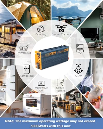 MWXNE 3000W Pure Sine Wave Power Inverter DC 12V to 110V 120V with Fast Charging Type-C& 3 USB Ports LCD Display Remote Controller Power Inverters for Vehicles,RV,Truck,Home,Off-Grid Solar System