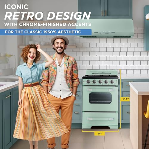 Unique Appliances Classic Retro Gas Range, Freestanding Gas Range with 4 Burners, Convection Oven, and Oven Light, 24", Summer Mint Green