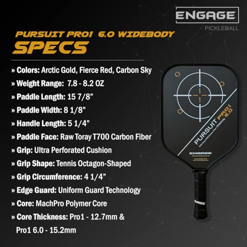 Engage Pursuit Pro1 6.0 Widebody Carbon Pickleball Paddle - 8.0 oz, 15.2mm MachPro Core, 8 1/8” Wide Raw Carbon Fiber, Made in USA (Arctic-Gold, Widebody)