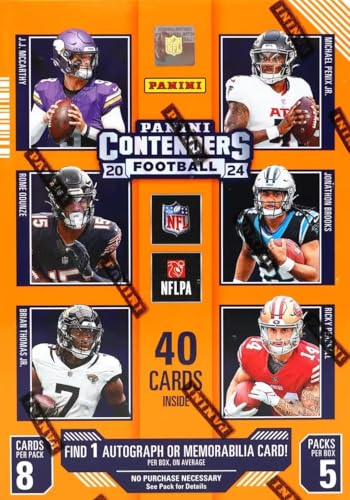 2024 Panini Contenders Football Series Factory Sealed Blaster Box with One Autograph or Rookie Ticket Memorabilia Swatch Plus Seven Inserts or Parallels Per Box Including Exclusive Blue Parallels