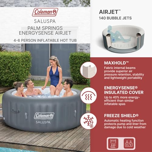 Coleman Palm Springs 4 to 6 Person EnergySense Smart AirJet Plus Inflatable Hot Tub Outdoor Spa with 140 AirJets and Insulated Cover