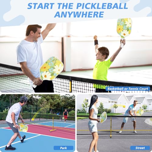 Fostoy Portable Pickleball Net with Wheels, Pickleball Set with 4 Fiberglass Paddles & 6 Pickleballs, Carry Bag, for Backyards Driveways and Garages (22ft & 11ft Net with 4 Fiberglass Paddles)