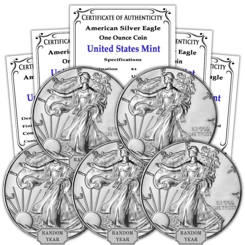 1986 - Present (Random Year) Lot of (5) 1 oz Silver American Eagle Coins Brilliant Uncirculated (Type 1 or 2) with Certificates of Authenticity $1 Seller BU