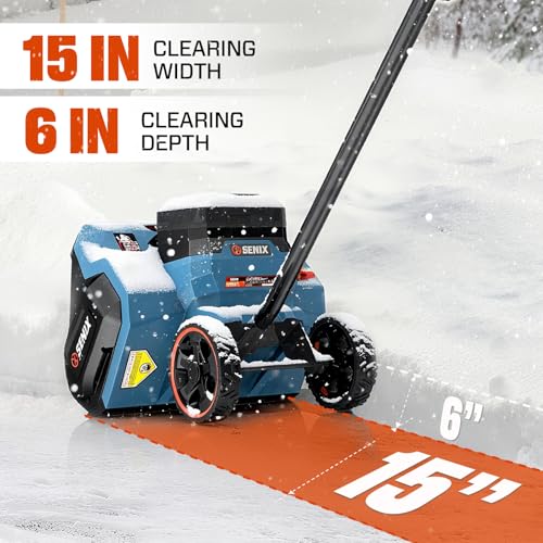 SENIX 60V 15" Cordless Snow Blower, Snow Shovel with Wheel for Decks, Steps, Driveways & Walkways |Brushless Motor, 6000mAh Battery, 6" Depth, 33FT Throw, 600lbs/m, LED Lights, 2 Speed, 75° Direction