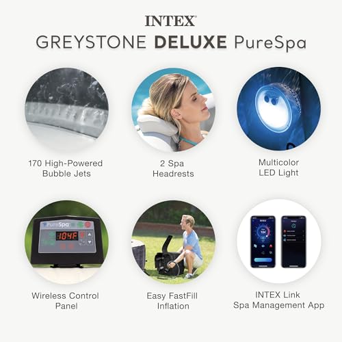 INTEX 28451EP PureSpa Greystone Deluxe Spa Set: Includes Energy Efficient Spa Cover and Wireless Control Panel – Spa Control App – Built-In FastFill Inflation System – 6 Person Capacity – 77" x 28"