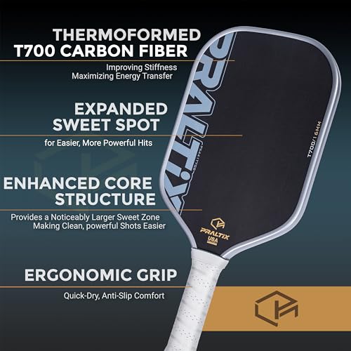 Praltix T700 Carbon Fiber Pickleball Paddles - USAPA Standard, Thermoformed Polypropylene Core, Anti-Slip Comfort Grip, Large Sweet Spot for Power Play, Intermediate and Advanced Players