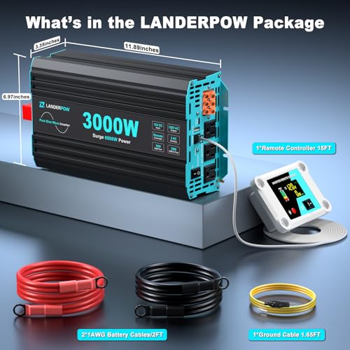 LANDERPOW 3000 Watt Pure Sine Wave Inverter 12V DC to 120V AC for RV, Truck, Solar, Home, Off-Grid, Power Inverter with 3 AC Outlet, 30W USB-C, 5V 3.1A USB, Hardwire Port, Remote Control, Surge 6000W